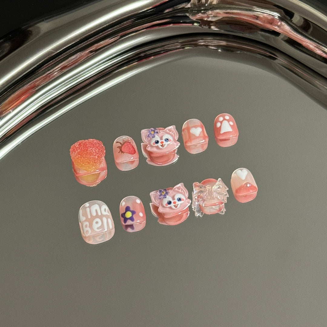 2. Cute summertime short and round presson nails with a chic pink chrome hue, ideal for playful nail art designs.