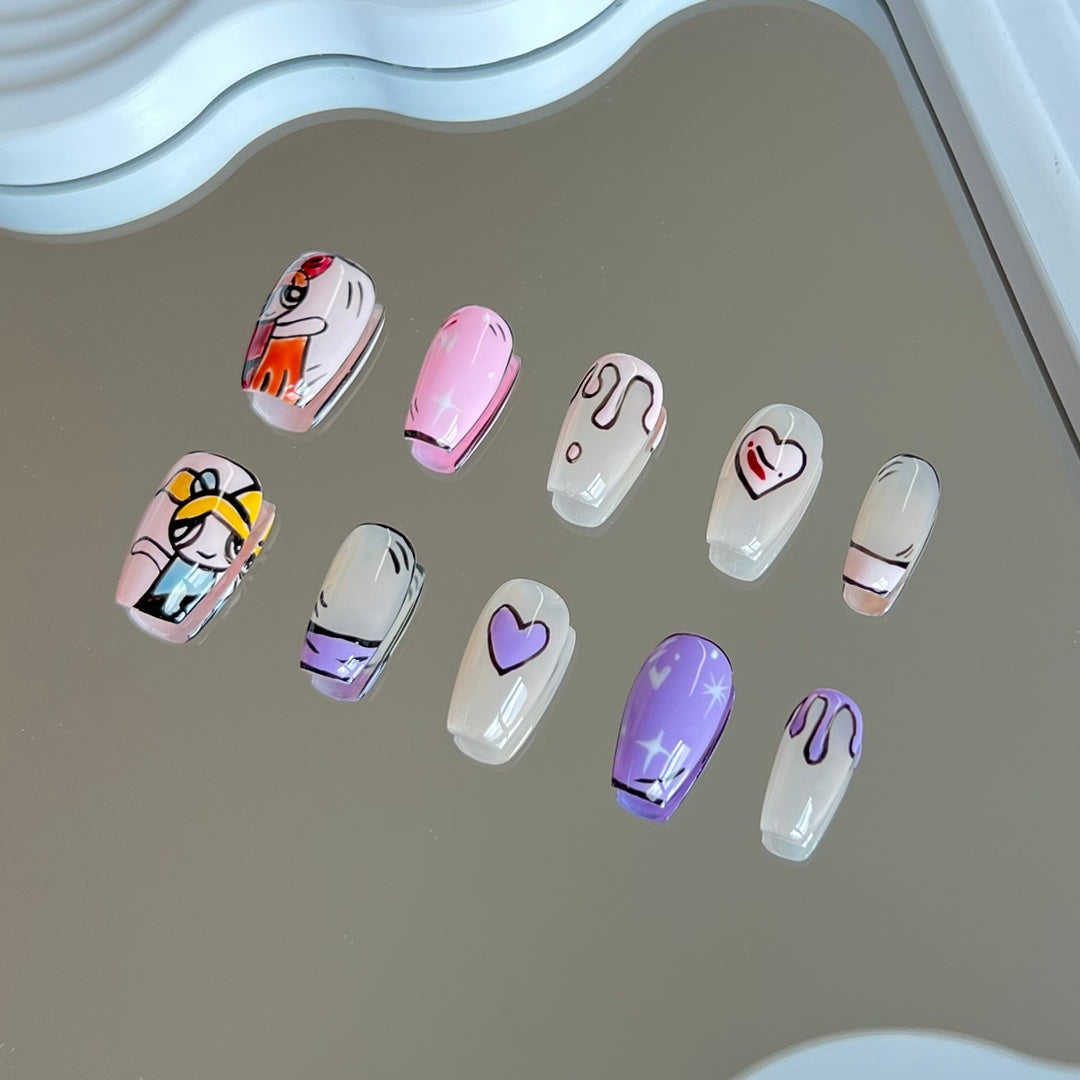 1. "Short Coffin Nails in Vibrant Pink and Purple, Inspired by Powerpuff Girls"