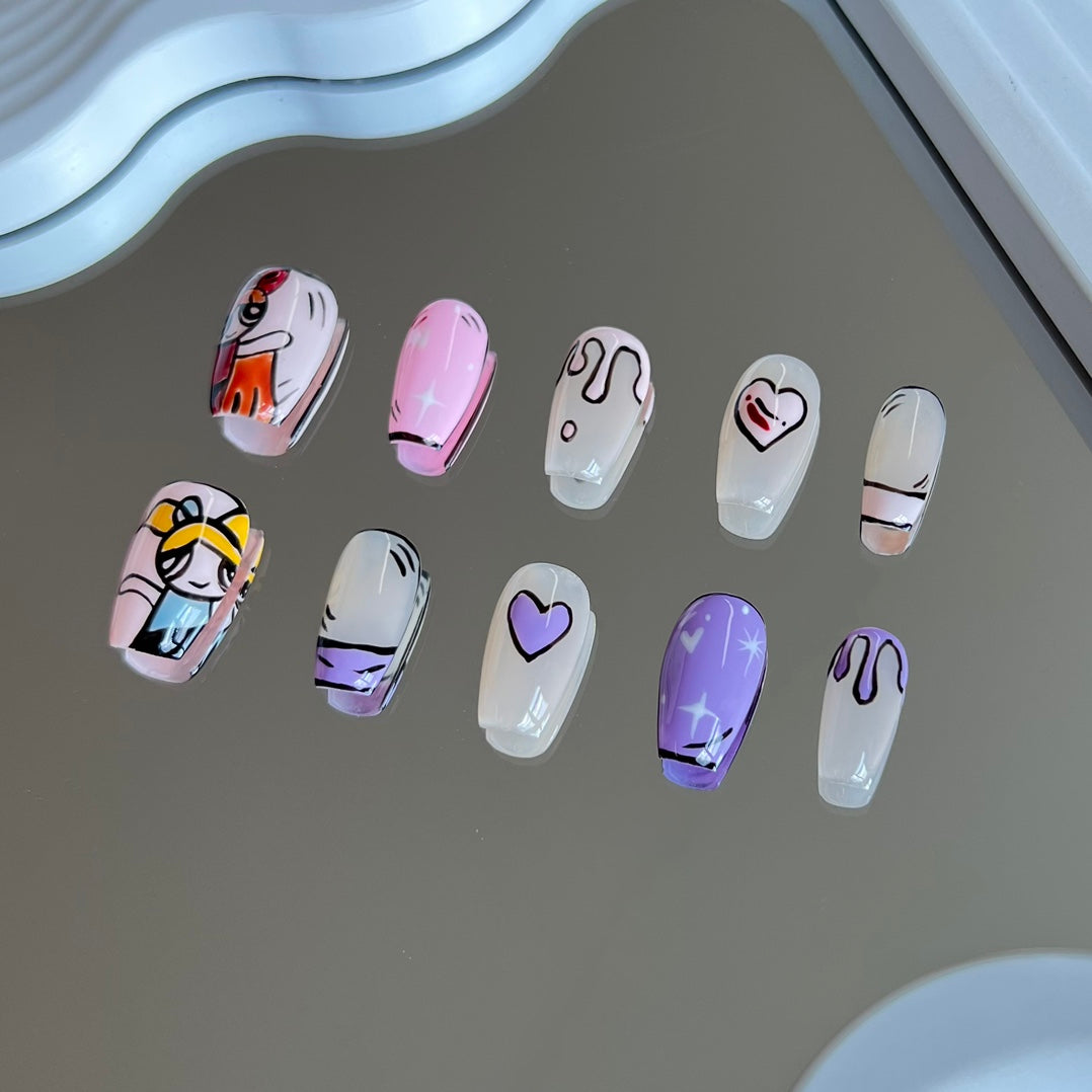 3. "Powerpuff Girls Themed Nail Art: Short Coffin Nails in Pink and Purple"