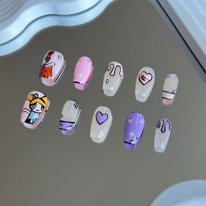 3. "Powerpuff Girls Themed Nail Art: Short Coffin Nails in Pink and Purple"