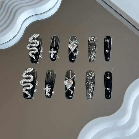 1. Glamorous Black Chrome PressOn Coffin Nails with Intricate Snake Pattern for Halloween